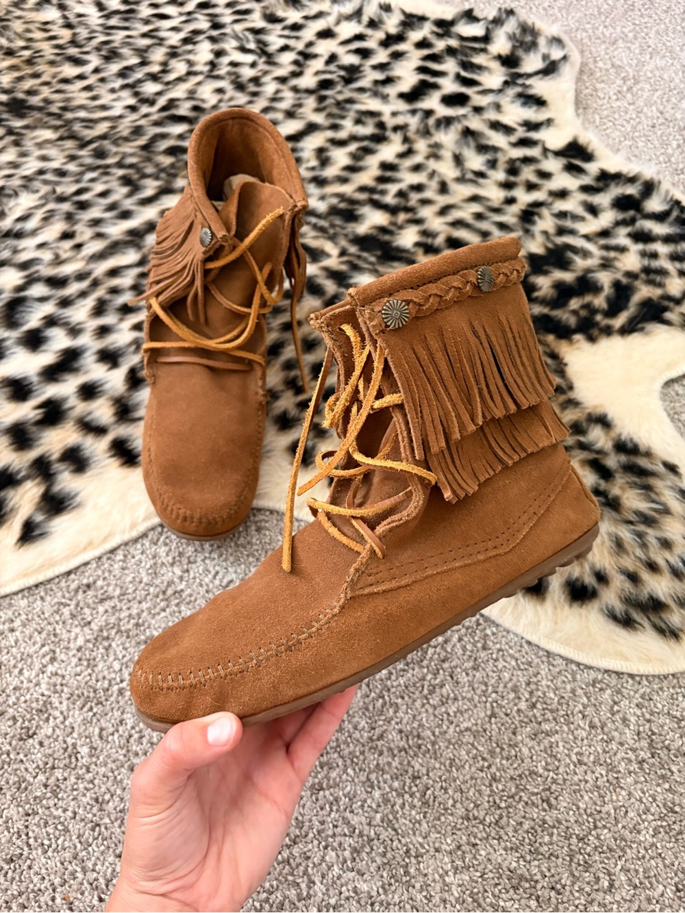 Minnetonka Fringe Suede Moccasin Ankle Boots - Caramel